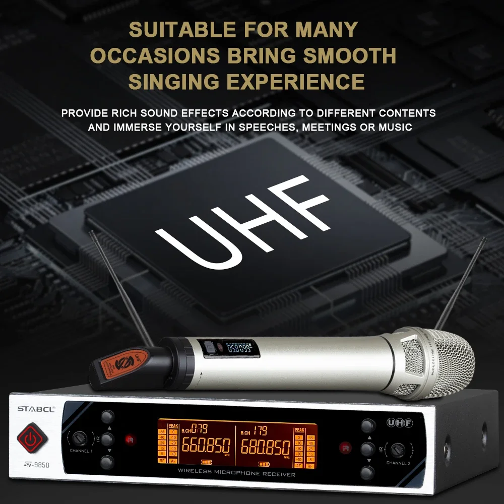 ST-9850 UHF wireless microphone, professional dual channel handheld, very suitable for karaoke, church, wedding, event