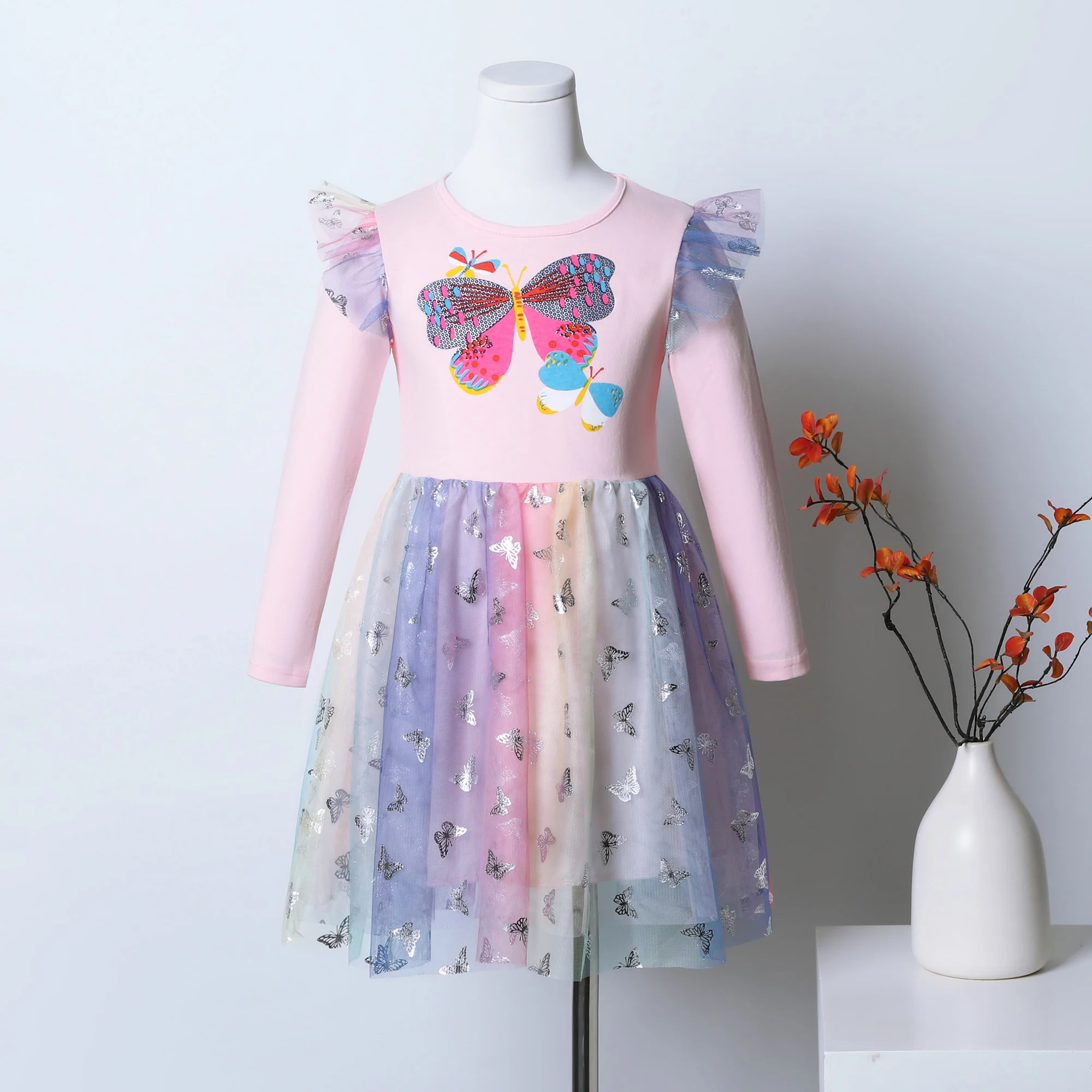 Girl's long sleeved casual butterfly embroidered printed mesh splicing autumn daily A-line cotton dress LH1747