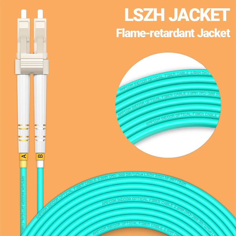 AMPCOM-OM3 LC-FC UPC 광섬유 패치 케이블, 다중 모드 이중 척도 50/125μm 10Gbps 구부러지지 않는 2.0mm 광섬유 코드