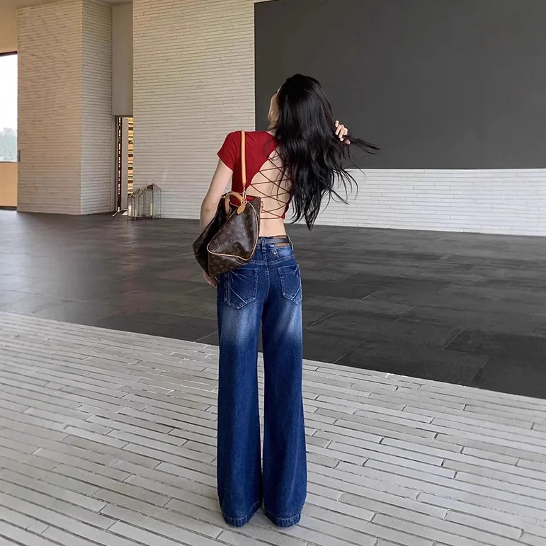 

Low Rise Baggy Jeans American Wash Wide Leg Denim Pants Y2k Girls Loose Fit Cotton Trousers Spring Fashion Ladies Jeans
