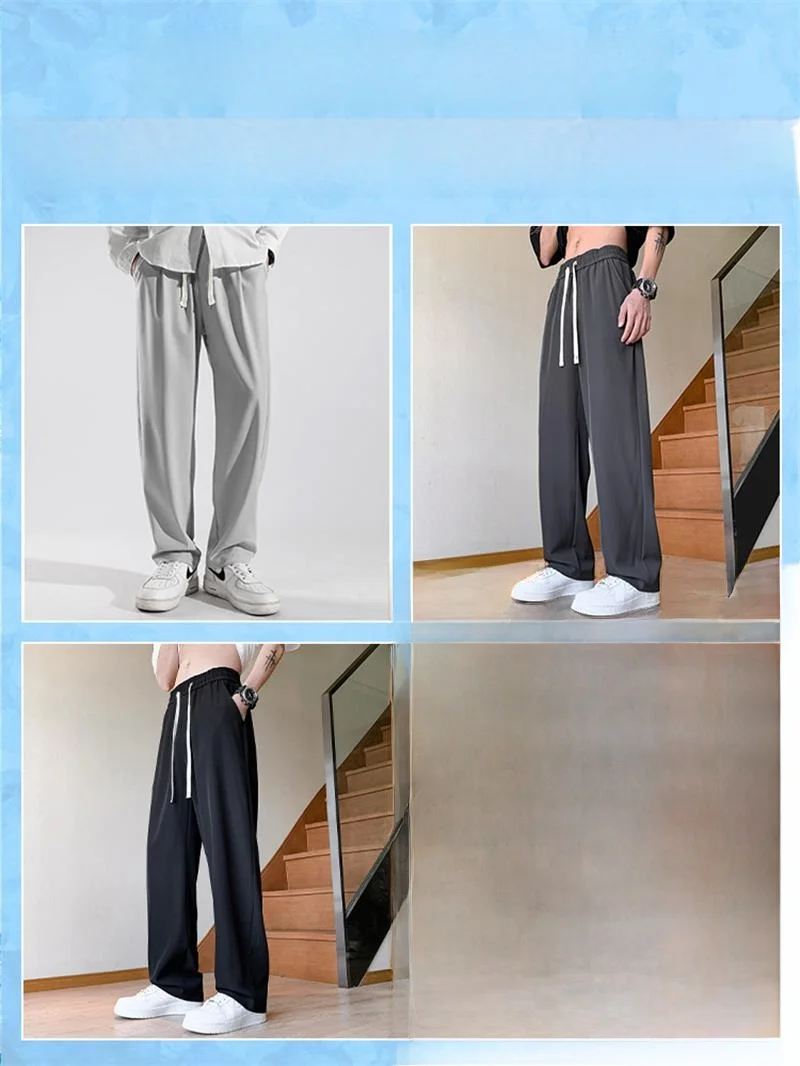 กางเกงขายาวลำลองทรงตรงผ้าไอซ์ซิลค์บางเบา ยืดหยุ่น ใส่สบาย ไซส์ใหญ่สำหรับผู้ชาย วัยรุ่น ออกกำลังกาย