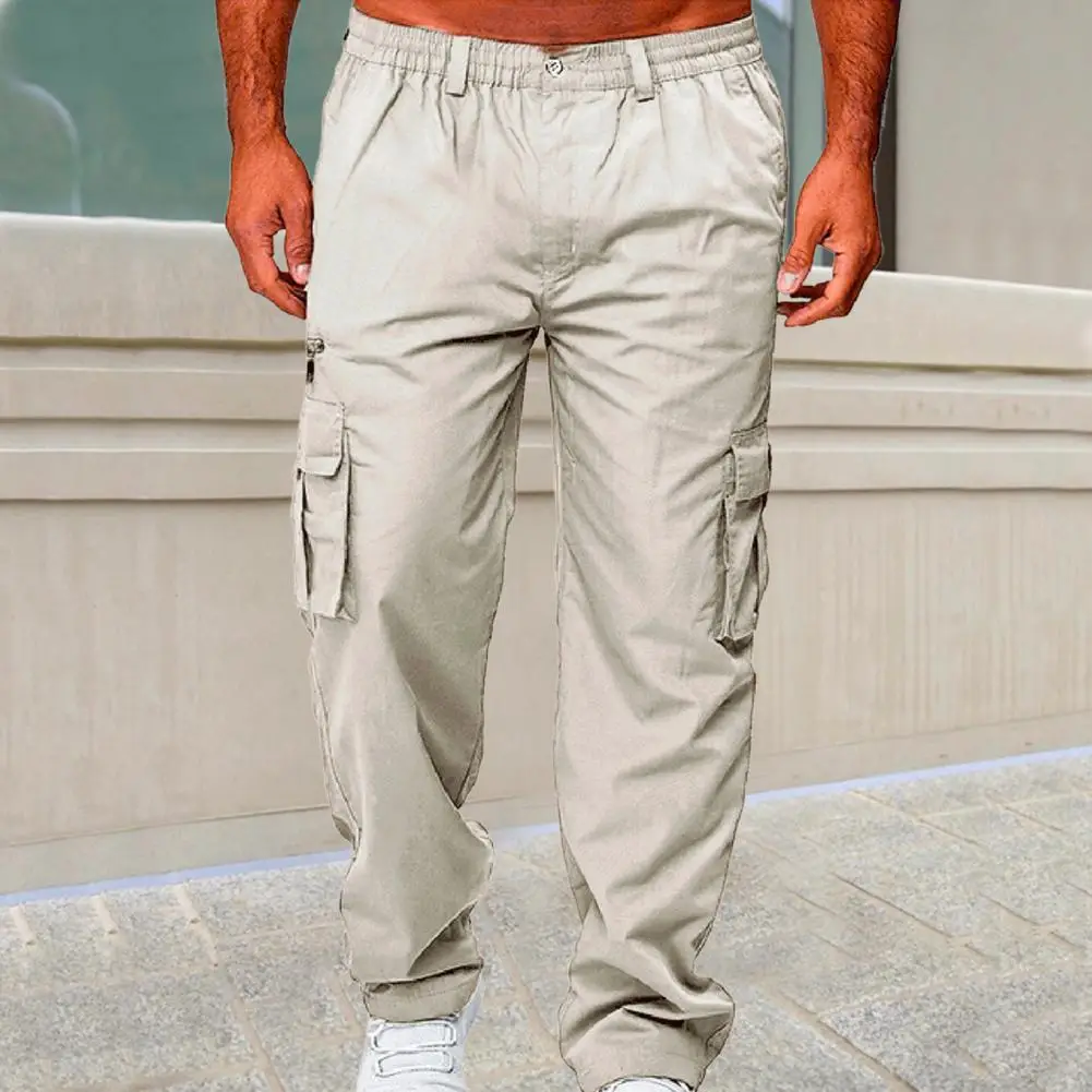

Reinforced Pocket Pants Men's Elastic Waist Cargo Pants with Multi Pockets Straight Leg Sweatpants Stretchy Slacks for Street