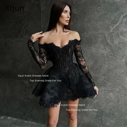 Xijun Sexy Mini Black Evening Dresses Lace Flowes Sweetheart Prom Dresses Birthday Cocktail Party Gowns Sequined Prom Gowns