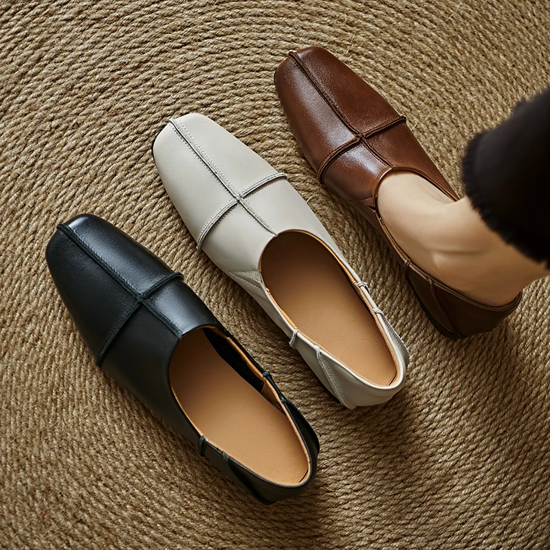 2026 new spring summer women pumps natural leather 22-25cm cowhide+sheepskin+pigskin square toe sewing low heel women shoes
