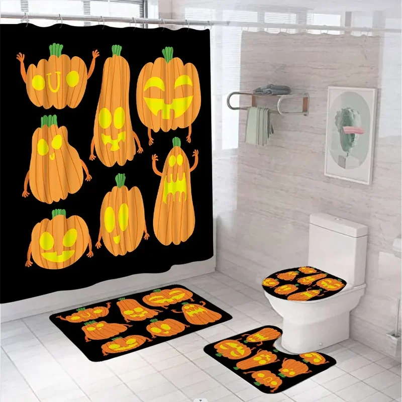 Happy Halloween Shower Curtains Sets Multi Spooky Pumpkin Ghost Creepy Black Bathroom Decor Curtain Toilet Rug Carpet Bath Mats