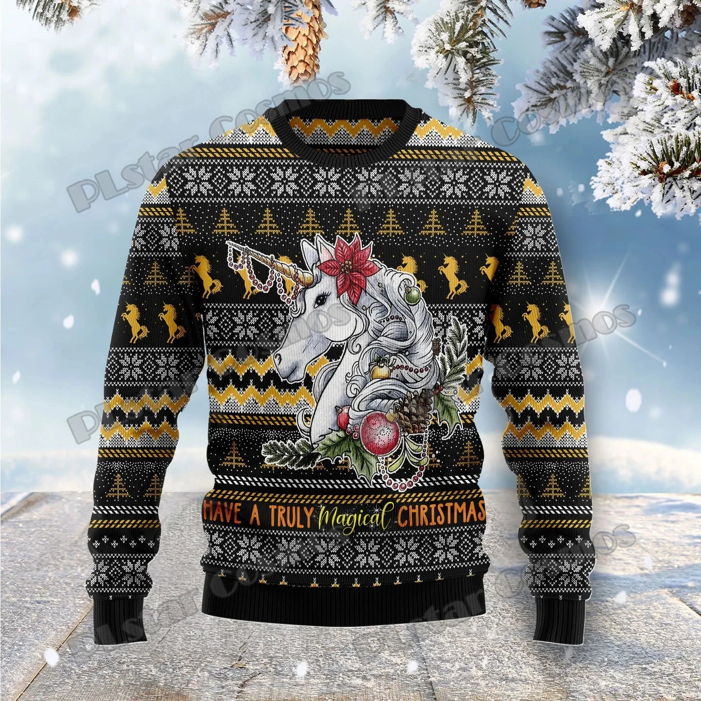 PLstar Cosmos Christmas Tree Unicorn 3D Printed Men's Ugly Christmas Sweater Winter Unisex Casual Knit Pullover Sweater ZZM33