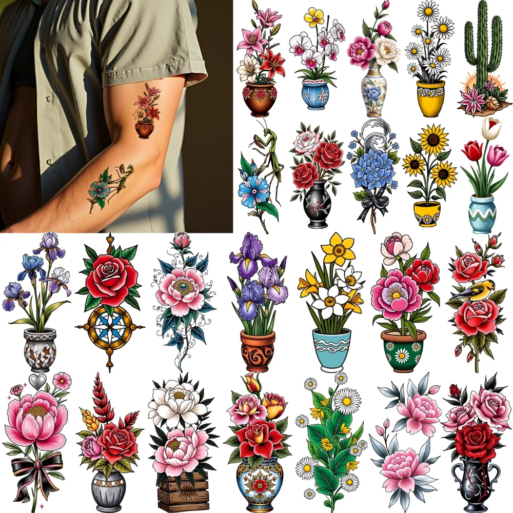 

28pcs Temporary Tattoo Tulips New School Traditional Potted Plants Rose Tattoo Waterproof Long-lasting Body Stickers For