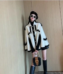 Poncho Cloak French Cape Imitation Wool Coat Women's New Loose Short Coat Fashion Leisure Lady Spring and Autumn Party Banquet
