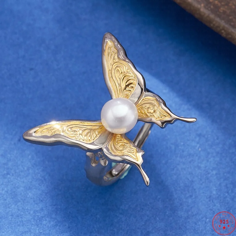 S925 Sterling Silver Charms Rings for Women Contrast Colored Eternal Rattan Butterfly Inlaid Freshwater Pearl Jewelry Wholesale