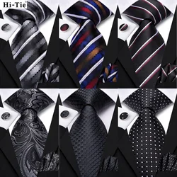 Hi-Tie New Striped Black White Silk Elegant Tie For Men Groom Wedding Men Necktie Pocket Square Cufflink Accessory Wholesale