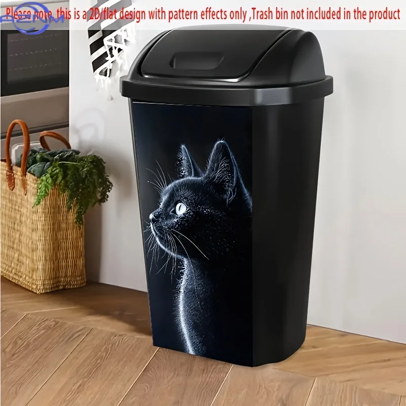 2D Flat, 1pc, 2D/Flat trash can sticker, *inch, black cat silhouette with glowing eyes on dark background, mysterious animal t