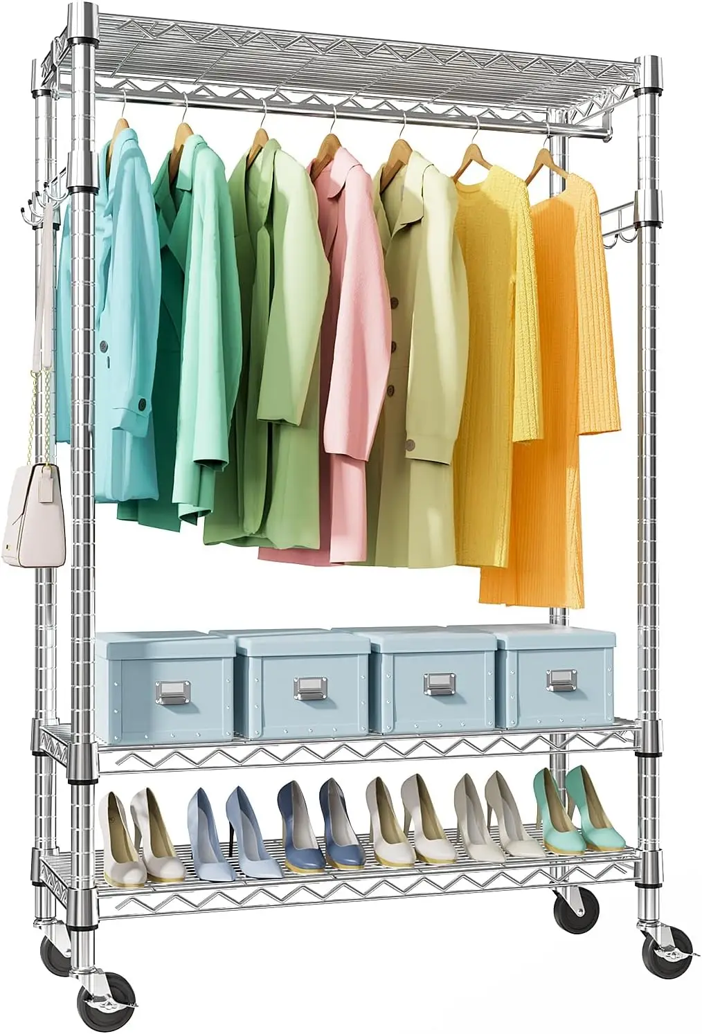 

Mzg Heavy Duty Rolling Garment Ra 3 Tiers Adjustable Wire Shelving Clothes Ra With Rods And Side Hooks,Storage Closet Clothing