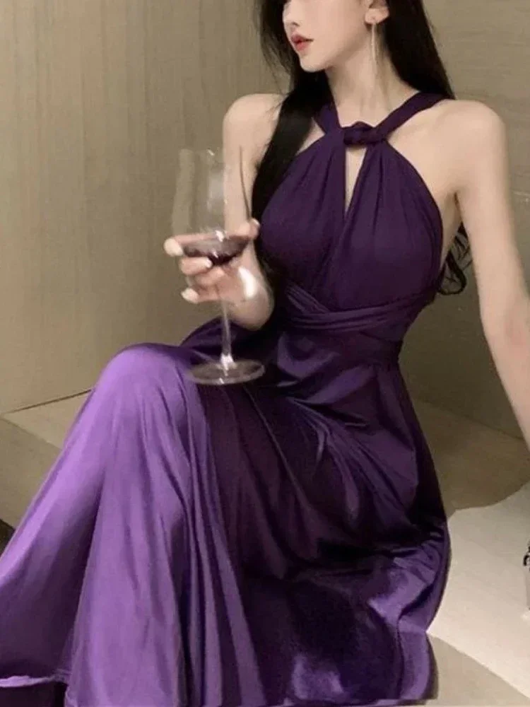 

Purple Sexy Party Sleeveless Dress Women Chiffon France Vintage Long Dress Female Beach Elegant Chic Backless Dress Summer 2023