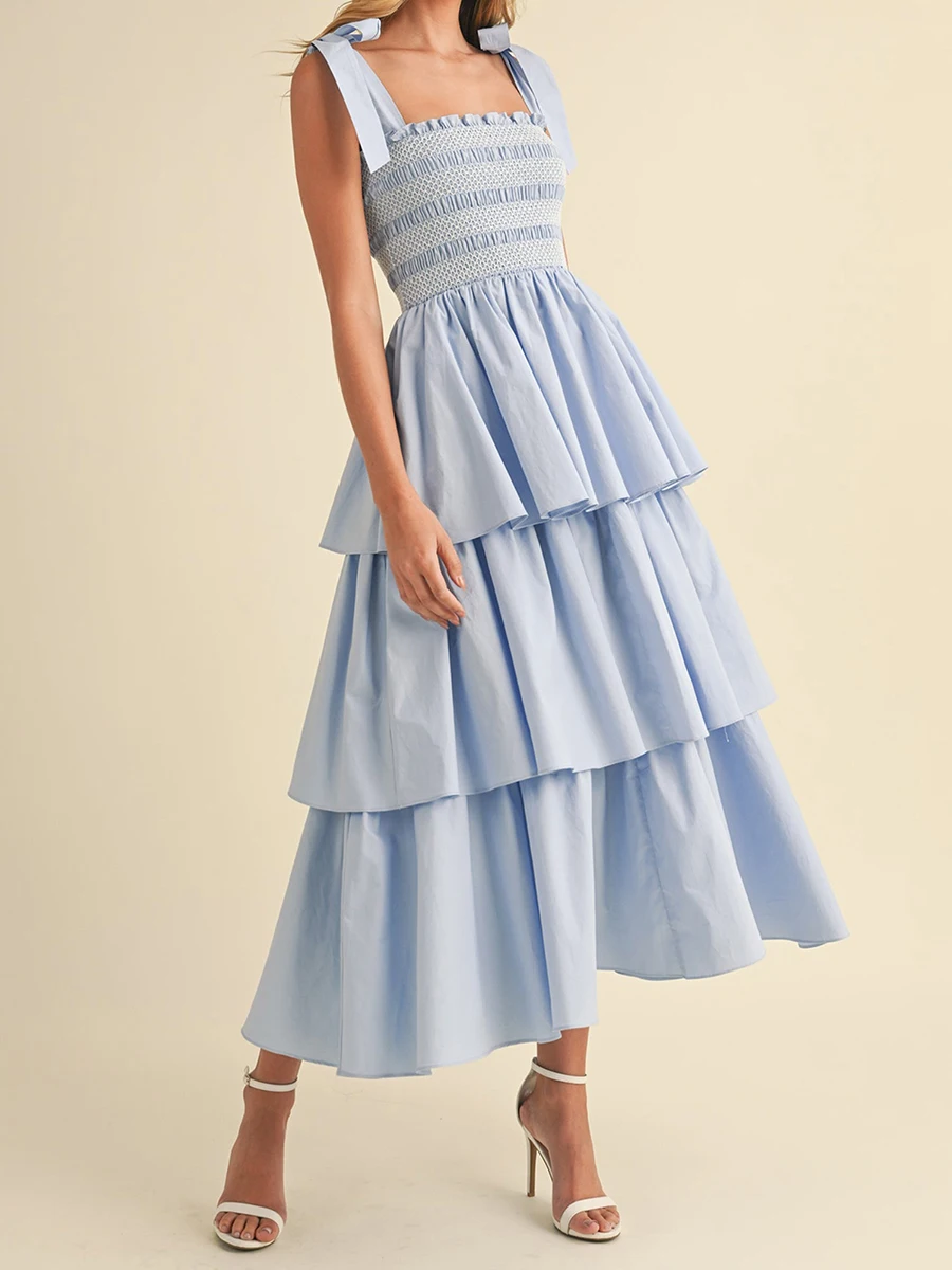 Abito da donna con spalline allacciate di nuova moda Abito estivo senza maniche con busto smock Abito con volant a strati Abito lungo fluido SML