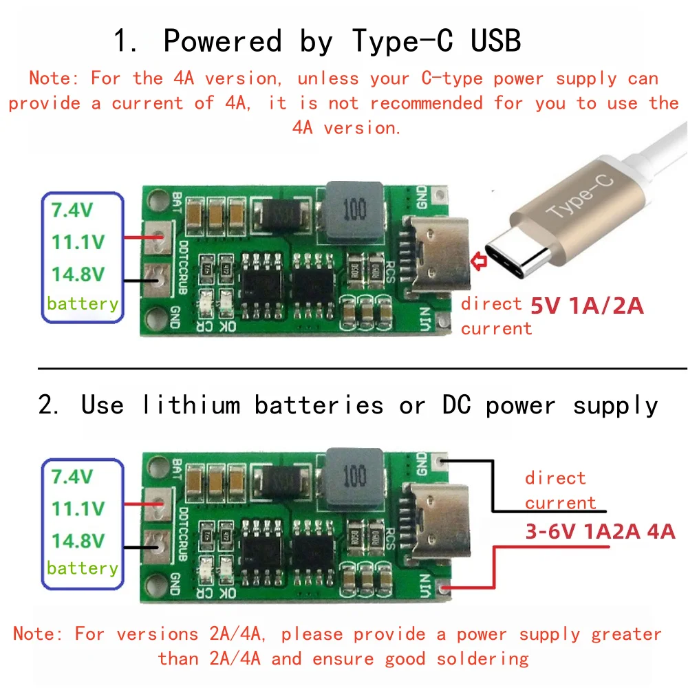 2-Zellen-, 3-Zellen-, 4-Zellen-Lithium-Ionen-Batterieladegerät mit Batterieschutzplatine, Typ-C, USB-Boost-Ladeplatine, DC3-5V – Detail 3