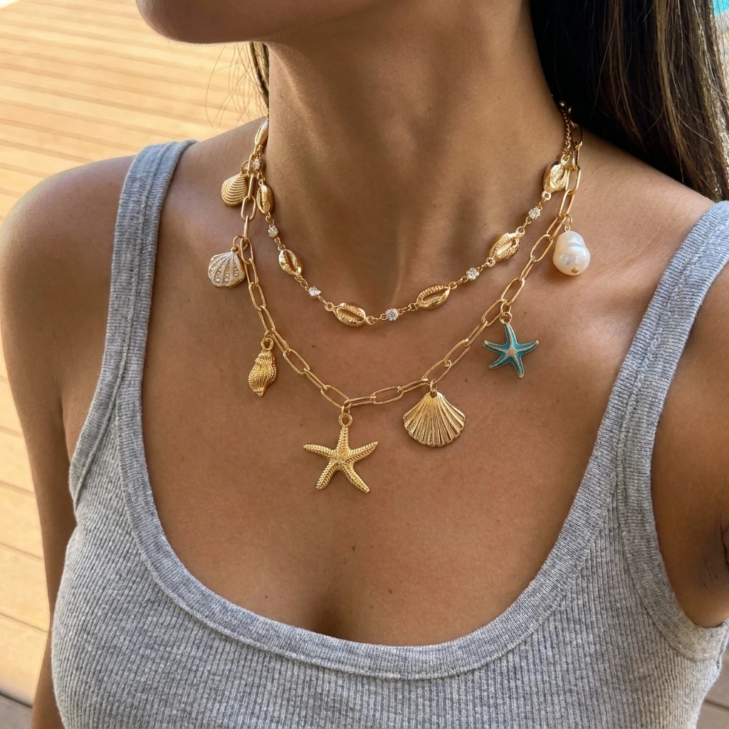 Seestern-Muschel-Mehrschichtige Choker-Halsketten für Frauen, Boho Goldfarbene Muschelketten, Charms, Strand-Sommer-Party-Schmuck, Geschenk – Detail 2