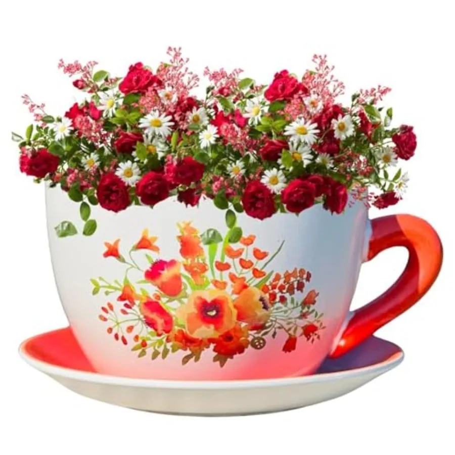 

7.5" Round Ceramic Teacup Shape Planter Pot with Saucer for Succulents Orchids Herbs Cactus Indoor Houseplants Flowers for Moth