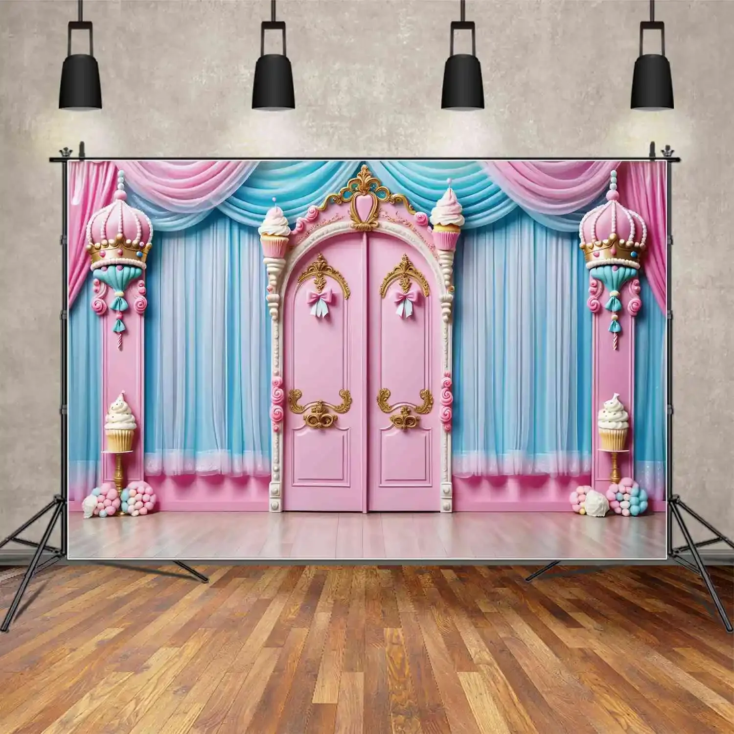 

MOON.QG Backdrop Pink Princess 8th Birthday Background Crown Castle Door Curtain Drapes Bowknot Studio Photozone Shooting Props