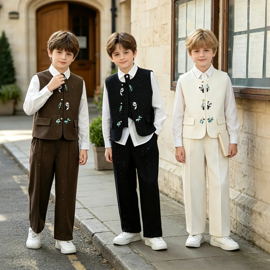 Boys Chinese Style Vest Suit Set Panda Embroidery New Year Performance Outfit Sparkle Waistcoat and Pants Kids Stage Costume