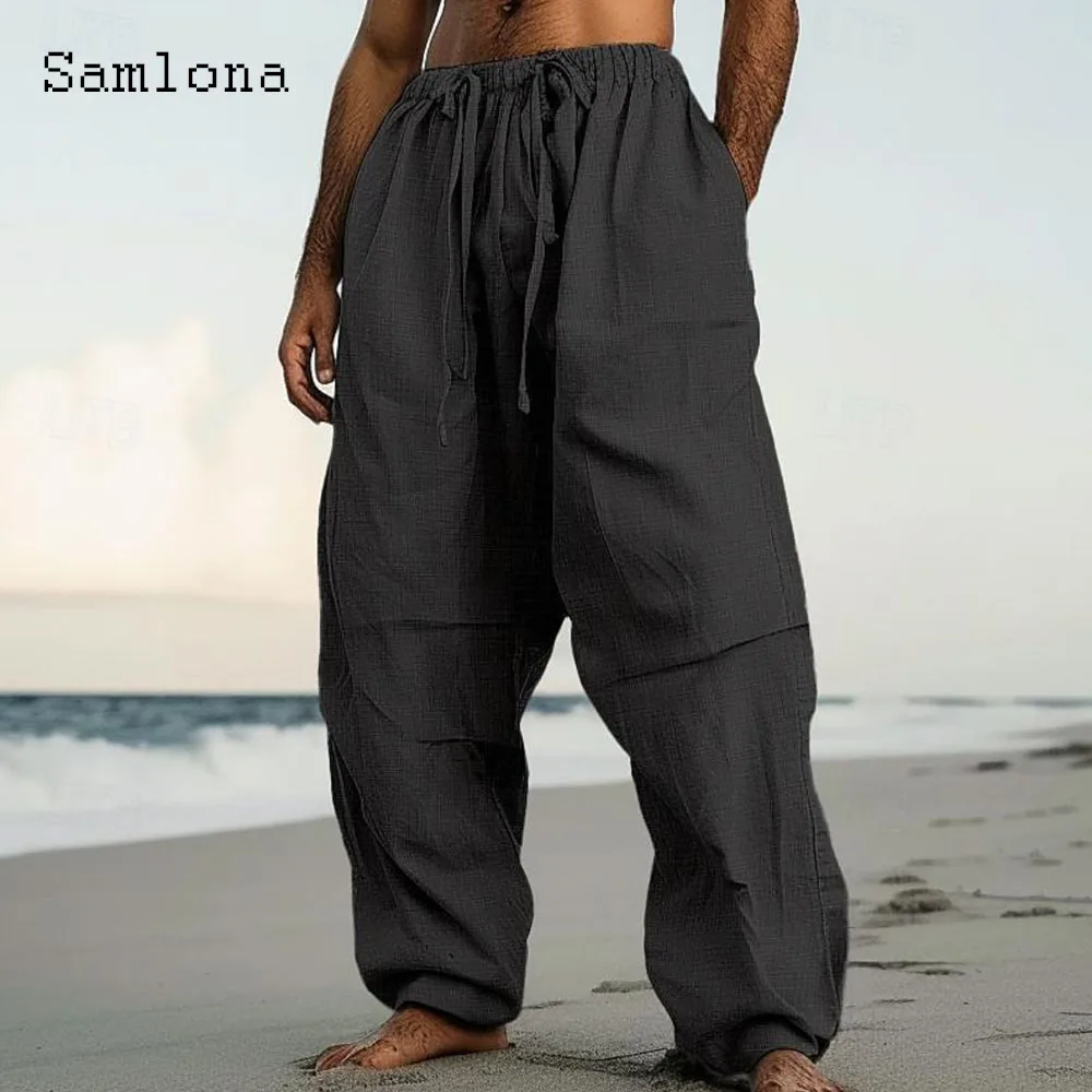 Plus Size Men\'s Stand Pocket Casual Loose Beach Pants Solid White Blue Full-Length Trouser 2024 Summer New Drawstring Sweatpants