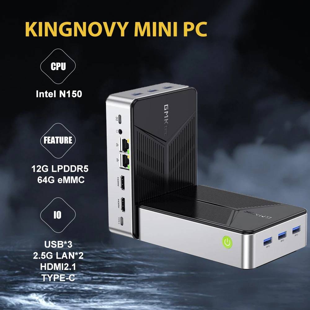 GMKtec Mini PC NAS Intel N150 Komputer Desktop Boot Ganda 12GB DDR5 64GB EMMC 4*M.2 Slot NVMe Penyimpanan Terpasang Jaringan Lan Ganda