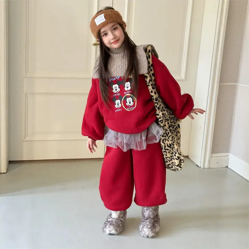 

Red Mickey Print Disney Two-Piece Outfit 2026 Winter New Kids' Plus Velvet Warm Set Alpaca Fleece Boys Girls Casual Wear