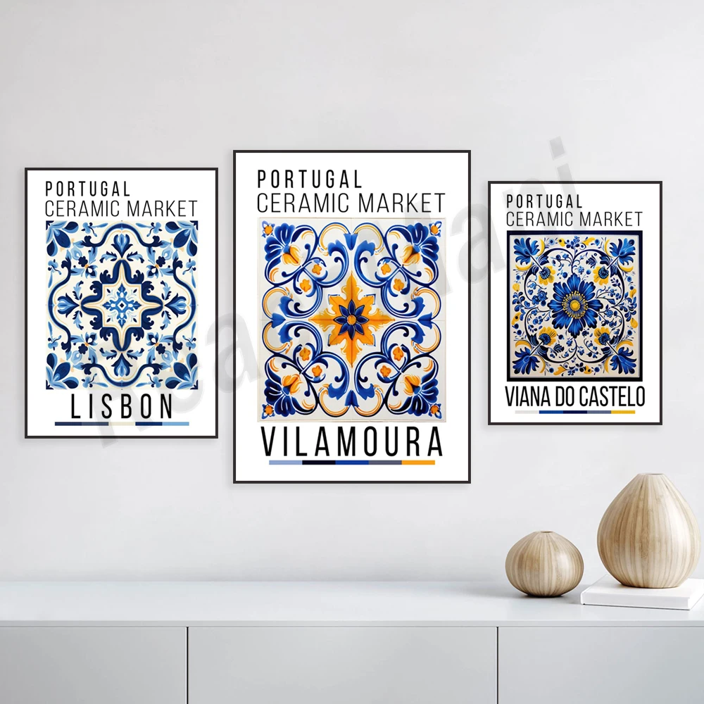 

Viana do Castelo Portuguese Ceramics Market Poster, Lisbon Tile Art, Portuguese Wall Art, Blue Tile Illustration, Kitchen Decor