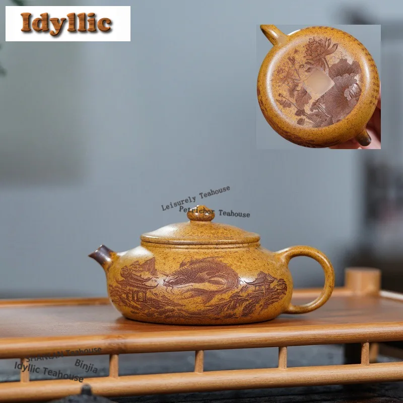 

180ml Luxury Yixing Purple Clay Teapots Handmade Engraved Fish Pot Raw Ore Section Mud Kettle Chinese Zisha Tea Set Supplies