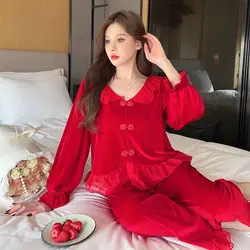 Conjunto de pijama de veludo doce para mulheres, lapela pequena, renda babada, roupa de casa rosa, pijamas doces, primavera e outono, novo estilo