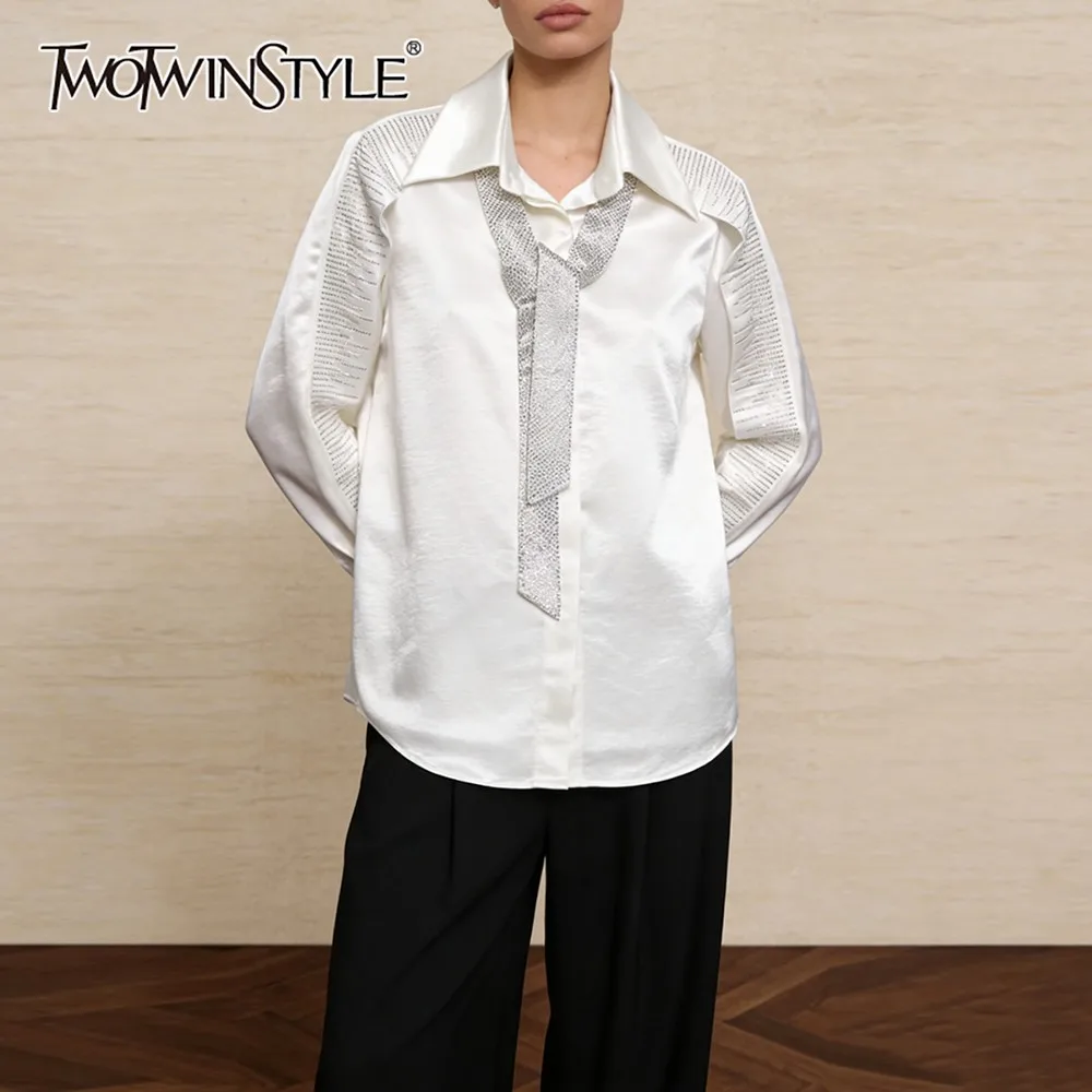 

TWOTWINSTYLE Solid Spliced Diamonds Chic Shirt Female Lapel Long Sleeve Loose Literary Design Women's Shirts Autumn Fashion New