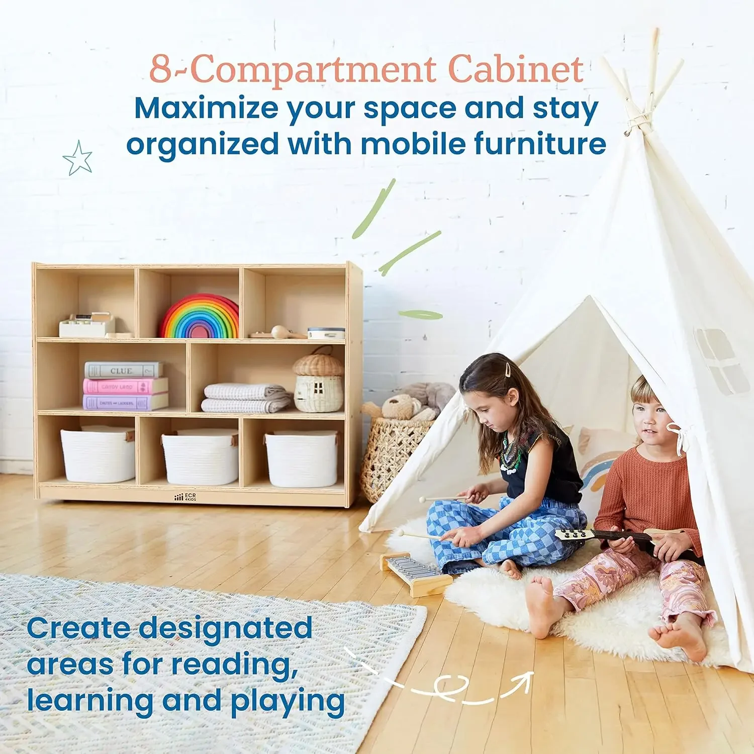 8-Compartment Mobile Storage Cabinet, , Classroom Furniture, Natural