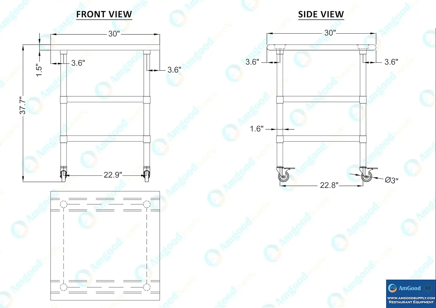 Amgood roestvrijstalen werktafel met 2 planken en wielen |   Metalen bijzettafel op wielen (roestvrijstalen werktafel met 2