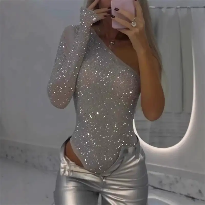 Women's One Shoulder Sequin Bodysuit Sexy Glitter Asymmetric One Shoulder Rhinestone Sequin Top Women's Bodysuit