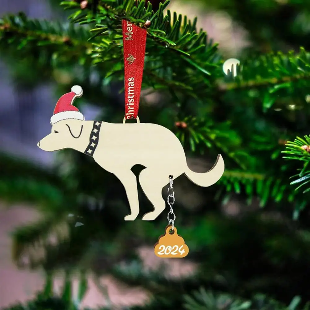 Hanging Christmas Decorations Festive Christmas Dog Ornaments Wooden Pooping Dog Decoration Holiday Tree Pendant Gifts for Dog