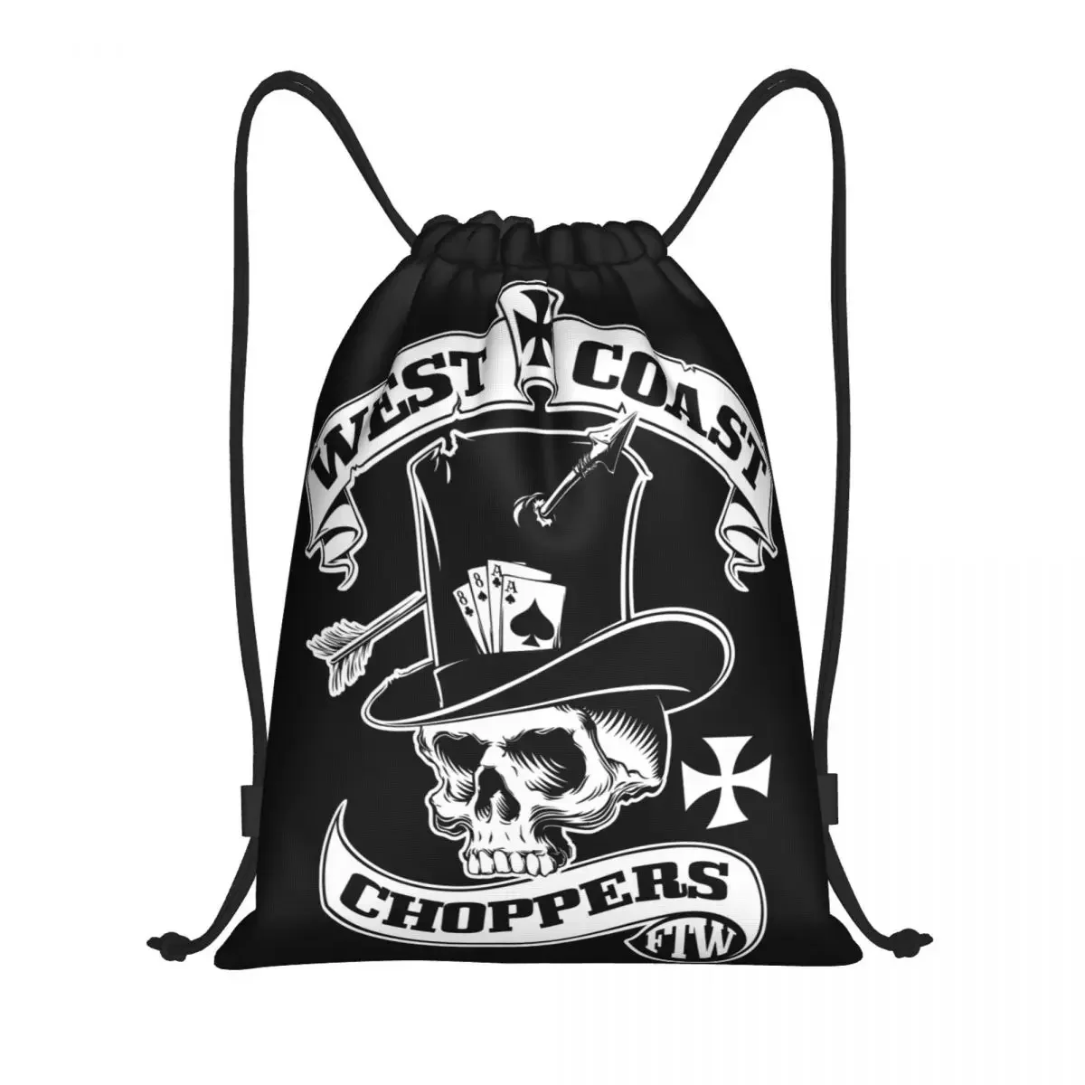 Custom West Coast Iron Skull Choppers Cross Drawstring Backpack Women Men Sport Gym Sackpack Portable Training Bag Sack