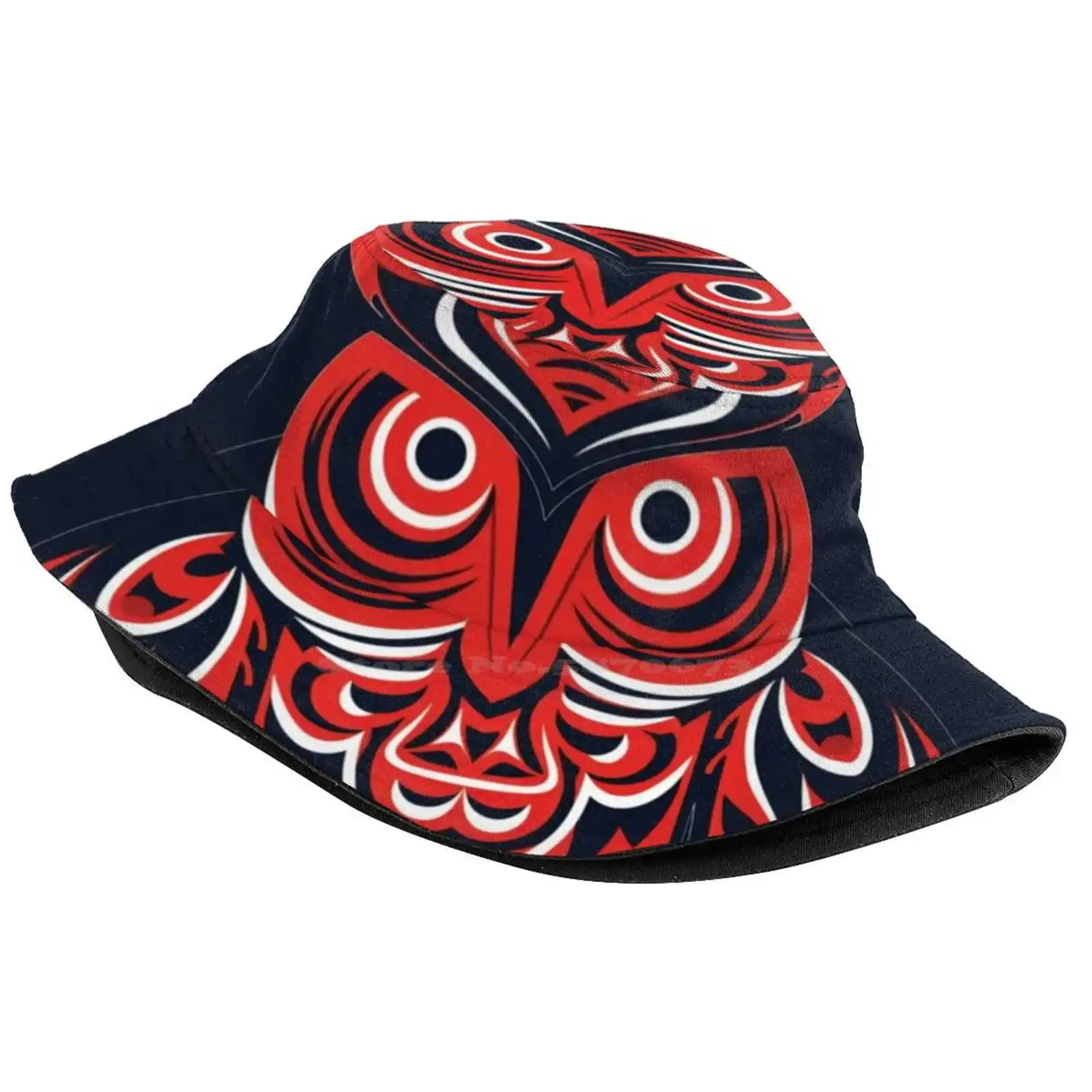 Haida Tlingit Native Totem Owl Sun Cap Fisherman Hat Bucket Hats Red Black White Night Barn Owl Pacific Northwest Native Art