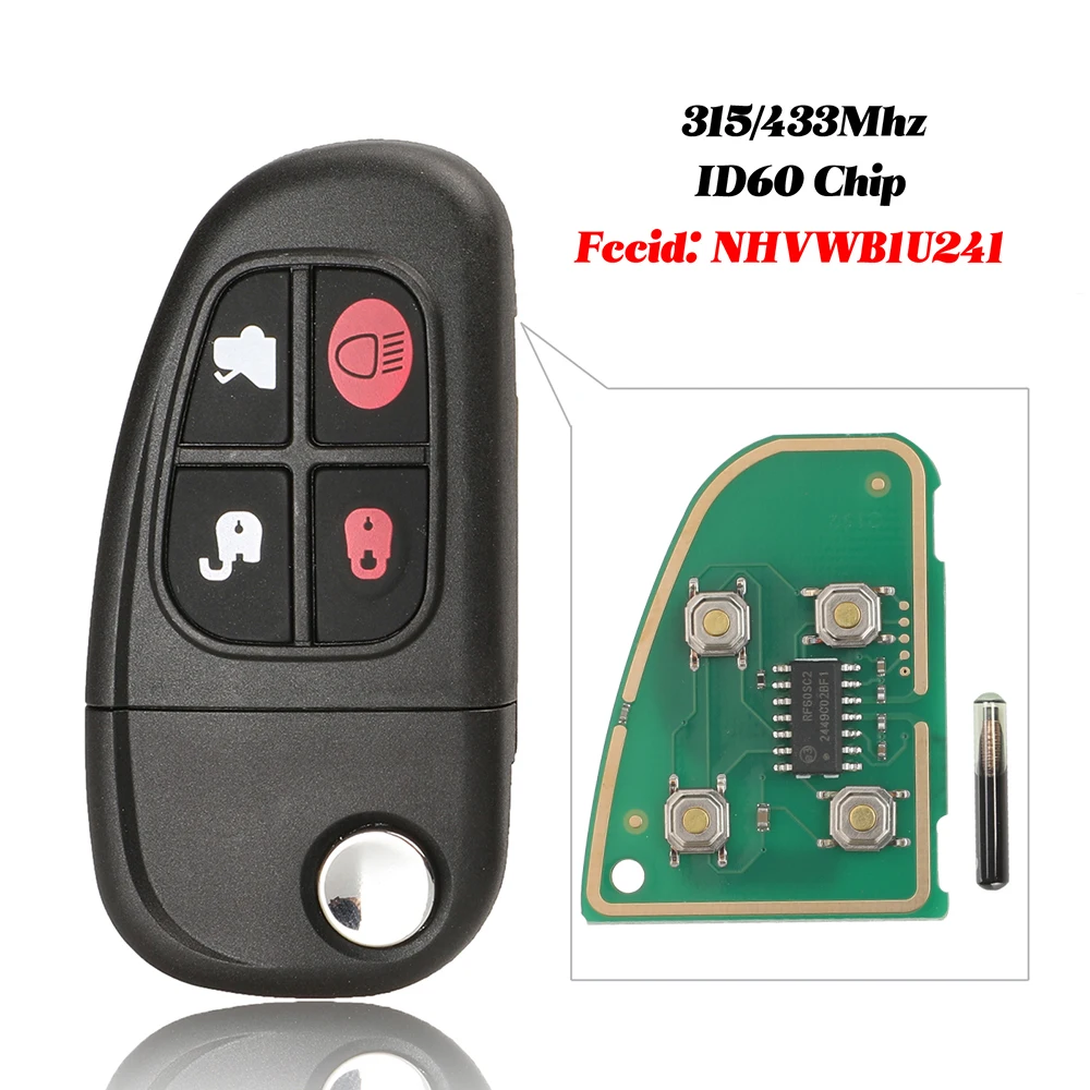 Jingyuqin NHVWB1U241 For Jaguar X-Type S-Type 1999-2009 XJ XJR 315MHz 433MHz 4D60 Chip Flip Remote Key 4 Buttons Fo21 Blade
