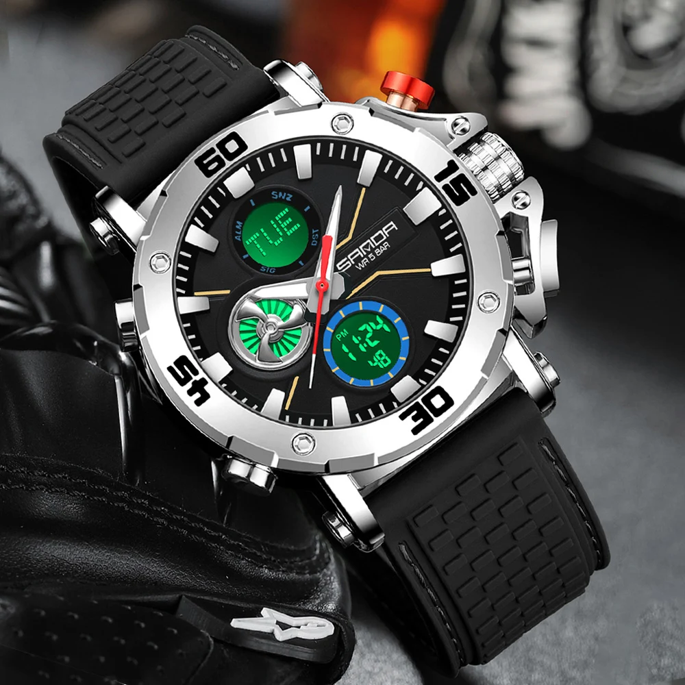 

SANDA мужские наручные часы с двойным дисплеем, лучший бренд класса люкс, мужские цифровые кварцевые водостойкие ремешки из ТПУ, спортивные часы, мужские часы