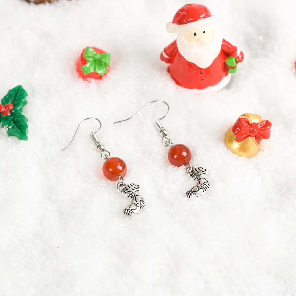 Christmas Stocking Charm Crystal Natural Stone Dangle Earrings