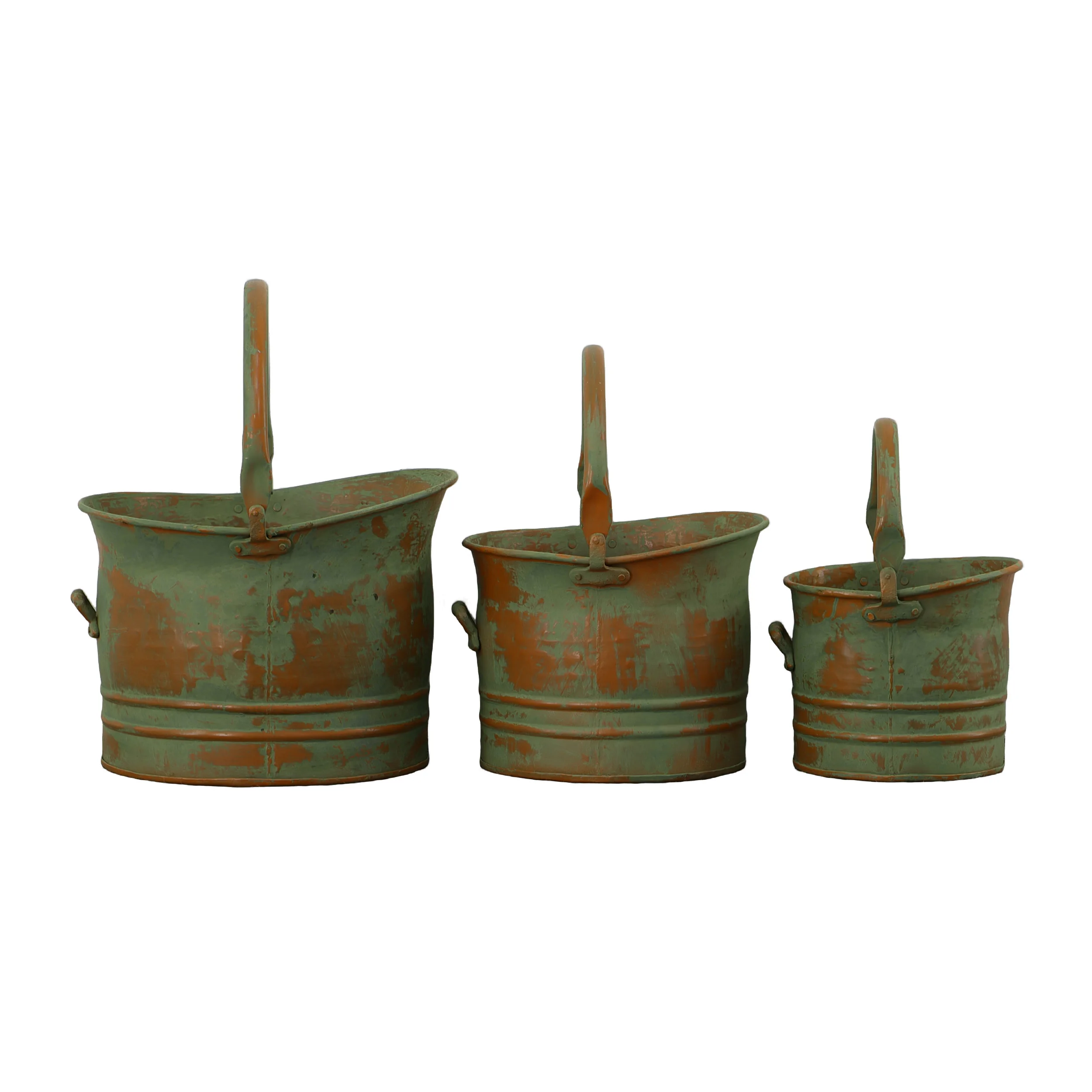 

Metal Bucket Planter With Handles, Patina Rust Finish, Green, Set of 3