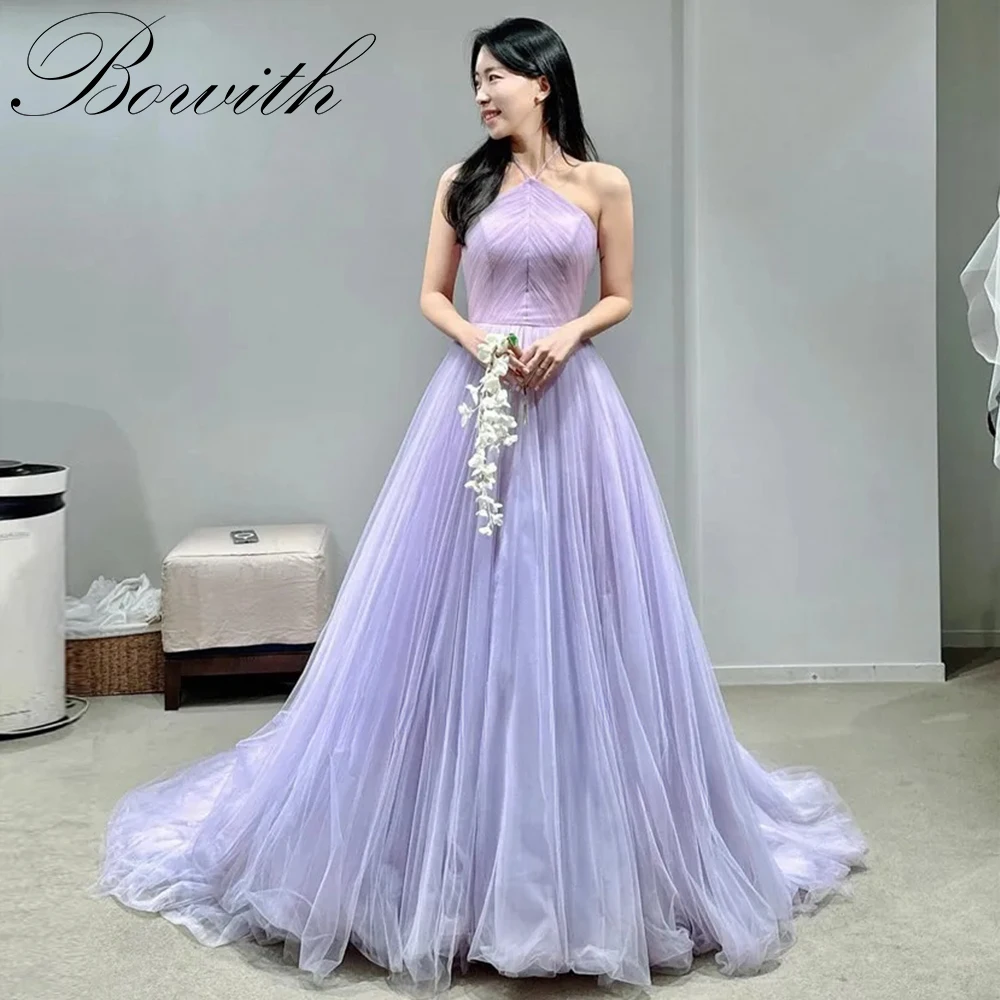 

Bowith Halter Lavender Soft Tulle A Line Evening Dresses Korea Princess Prom Gowns Formal Occasion Dress Corset Back