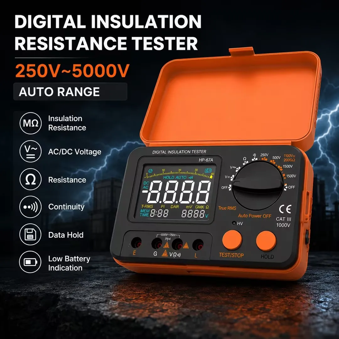 Digital Megohmmeter, 250V-5000V Selectable Test Voltage, Insulation Resistance Tester, VA Color Display & Analog Bar Graph