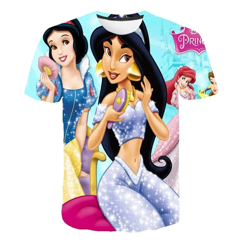 T-shirt à col rond pour filles, vêtements de dessin animé 3D, série Disney, t-shirts décontractés, mode de rue, été, princesse J