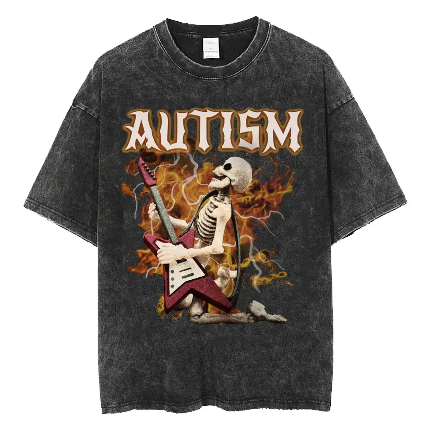 Autism Skeleton Meme T Shirt Funny Skull Humor Short Sleeve T-shirts Men's Women Vintage Washed Fashion Oversized Cotton T-shirt