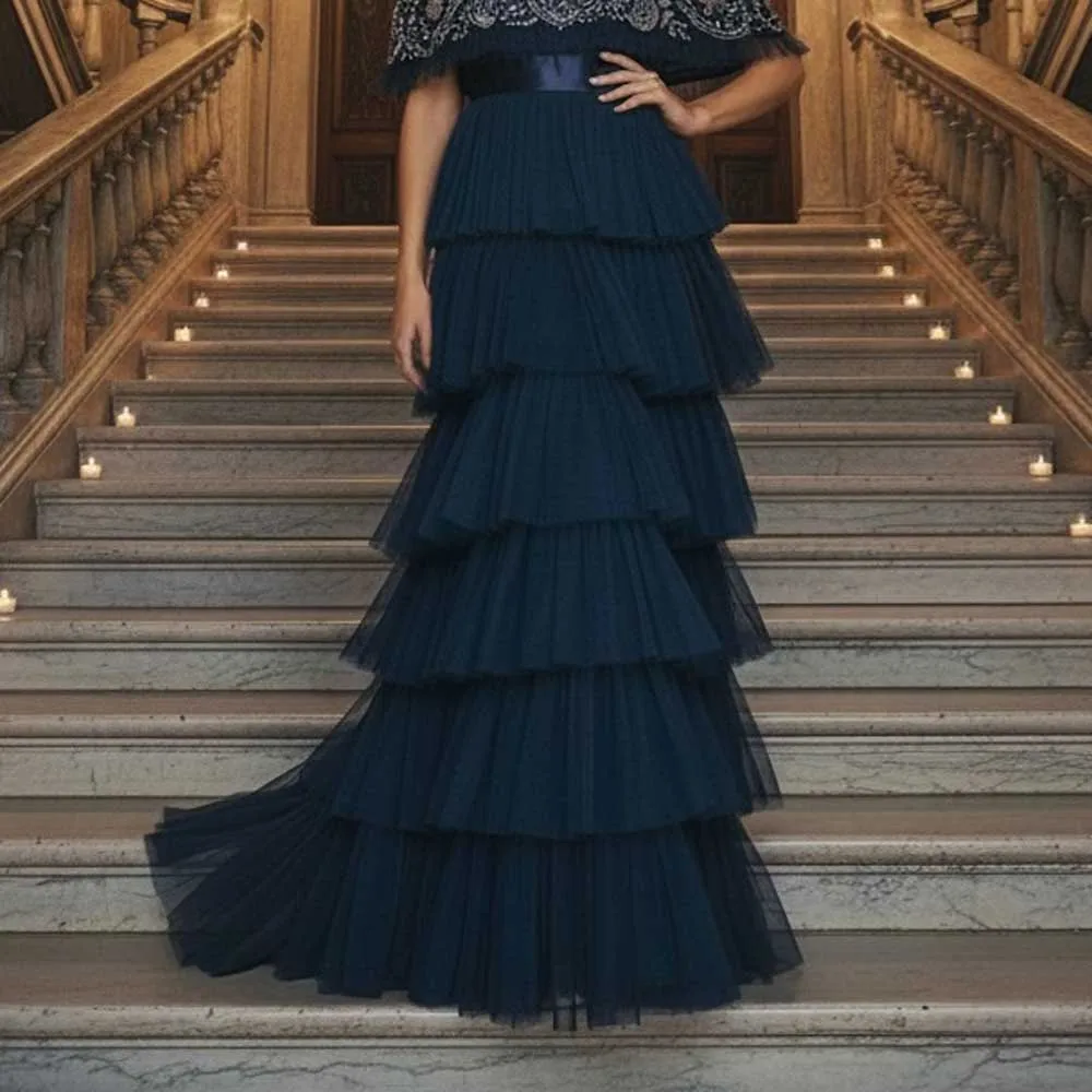 

Navy Blue Layers Tulle Skirt High Waist Elastic Tiered Long Evening Skirt with Sweep Train Lush Ruffle Mesh Prom Party Skirt