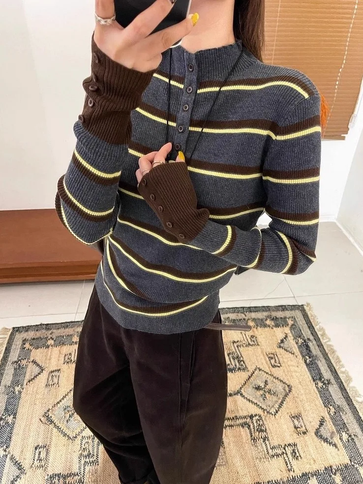 

Retro Striped Color Block High Neck Long Sleeve Knitted Sweater Women's Base Layer Top Slim Fit Autumn Winter New Arrival