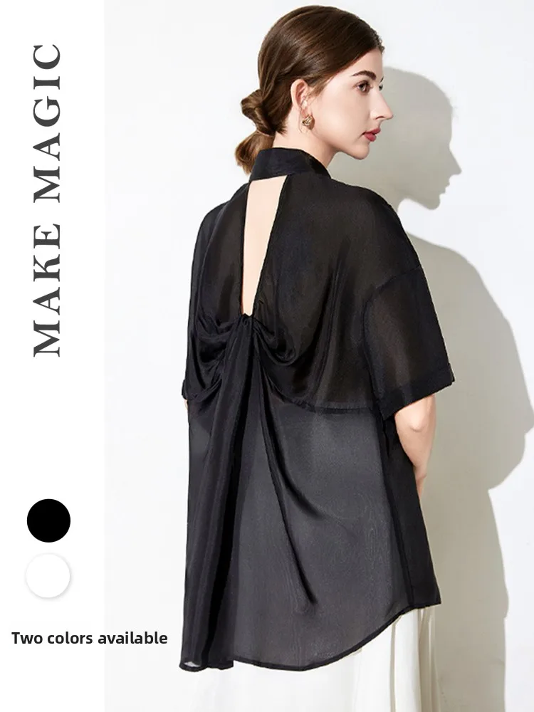 

Loose Women's Silk Half Sleeve Shirt Back Twisted Pleat Casual Loose Sun Protection Silk Women's Summer New Design