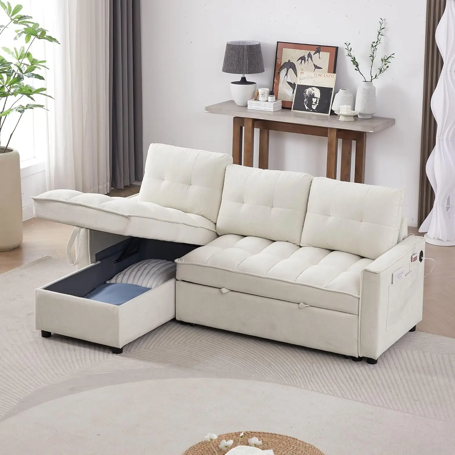#Reversible Sleeper Sectional Pull-Out Bed Ports L-Shape Living Room Office Apartment