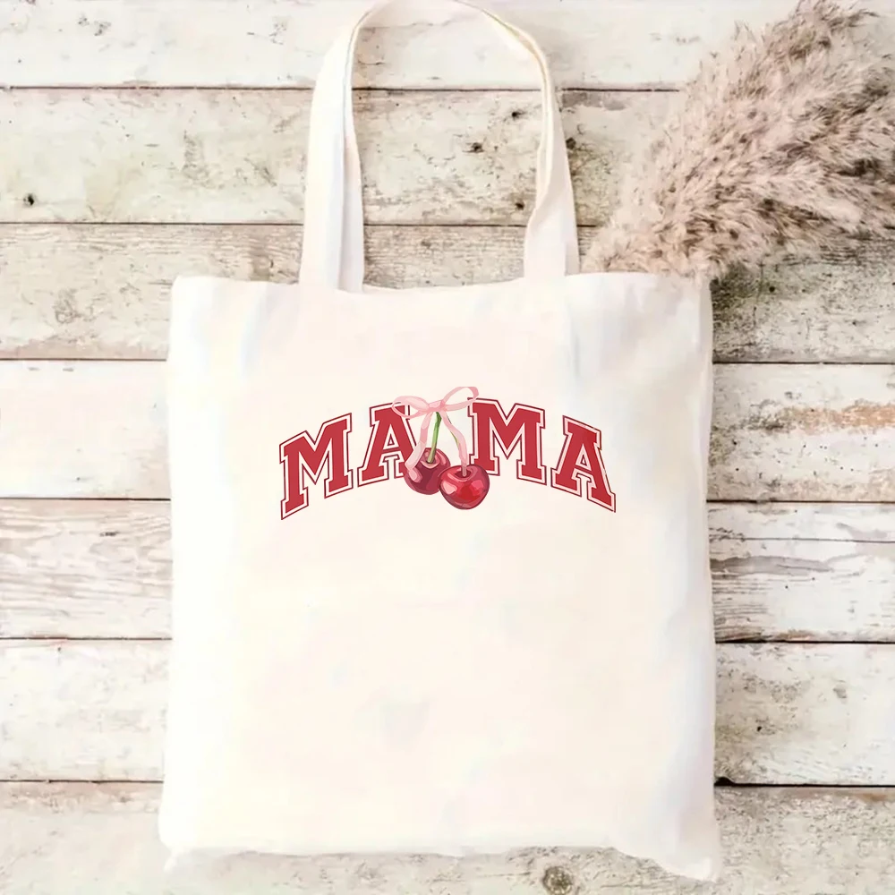 

Mama Cherry Bow Canvas Tote Bag Reusable Grocery Shoulder Bag
