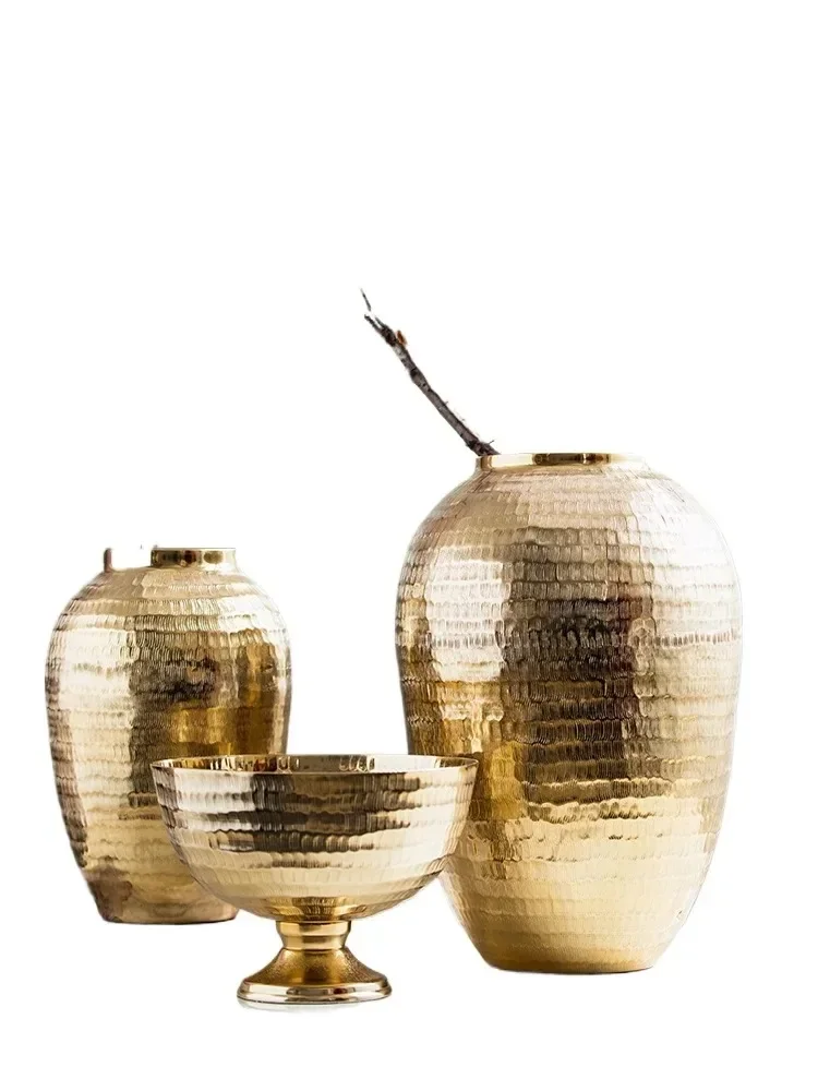 Harvest Cottage Light Luxury Gold Brushed Hammer Vase Flower Arrangement Ornament Living Room Dining Table Decoration